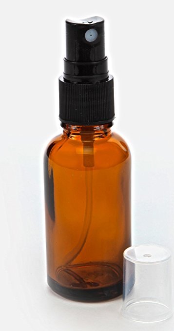 1- Amber 1oz Boston Round Glass Bottle Black Spray Fine Ribbed Mist Sprayer 30ml