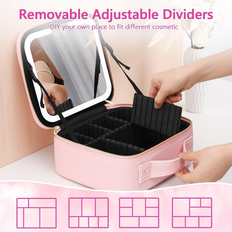 Travel Makeup Bag with LED Lighted Makeup Case with Mirror 3 Color Setting gallery