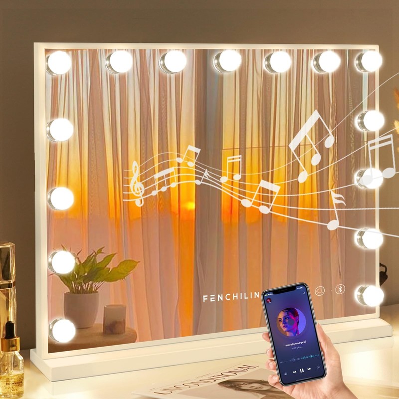FENCHILIN Vanity Mirror with Lights and Bluetooth Speaker 22.8″x 18.1″ Makeup…