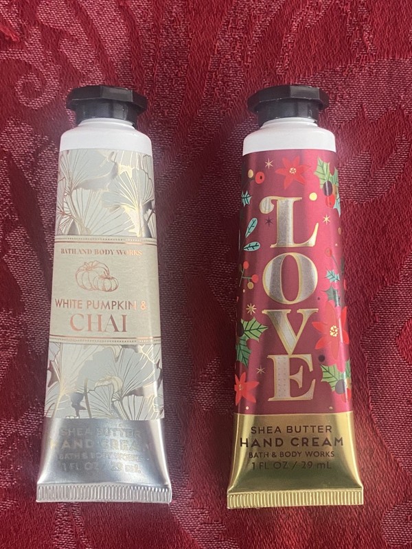 (2) 1 oz. Shea Butter Hand Creams by BBW. LOVE and White Pumpkin Chai. NEW