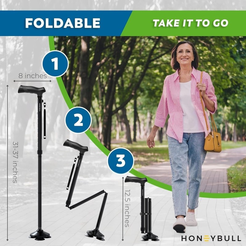 Black Pivot Walking Cane, Foldable, Adjustable, Collapsible, Free Standing gallery