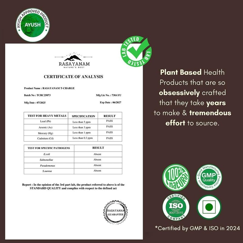 Rasayanam T-Charge Capsules 500mg 3-in-1 Testosterone Supplement for Men 60 Caps gallery