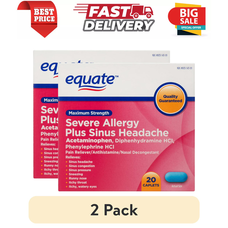 2 Pack Equate Maximum Strength Severe Allergy Plus Sinus Headache Caplets, 20 Ct