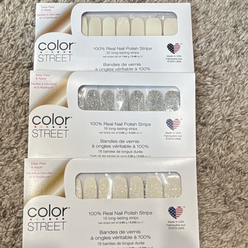 Color Street Nail Polish Strips 3 Packs White/Silver Glitter Short Square