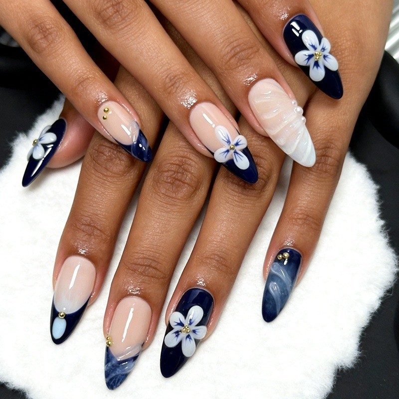 48Pcs-Navy Blue 3D Flower Pearl Gold Bead Long Almond Elegant Press on Nails