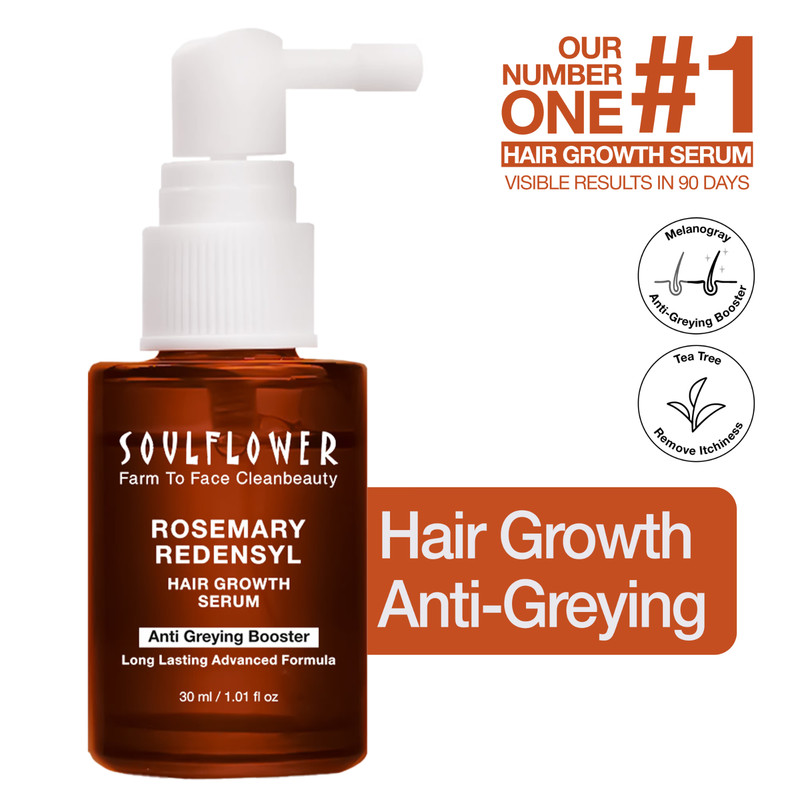 Soulflower Hair Growth Serum – Redensyl, Rosemary, Melanogray, Anagain 30ml fs