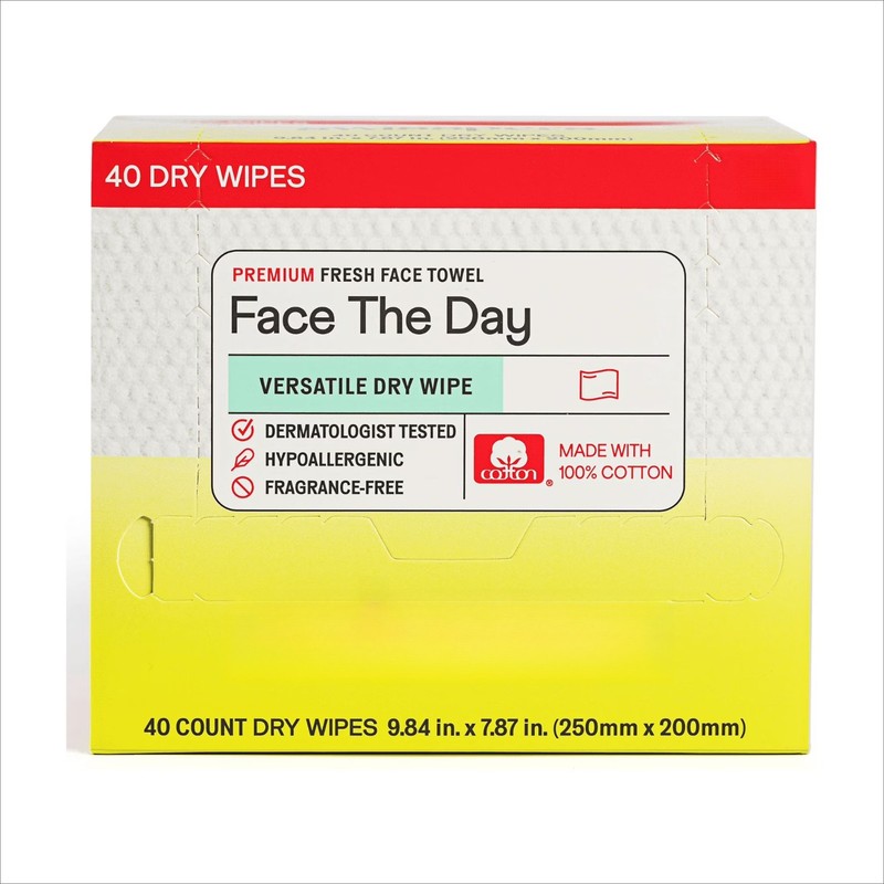 Face the Day Dry Wipes, Disposable Facial Towels, Large 100% Cotton Makeup