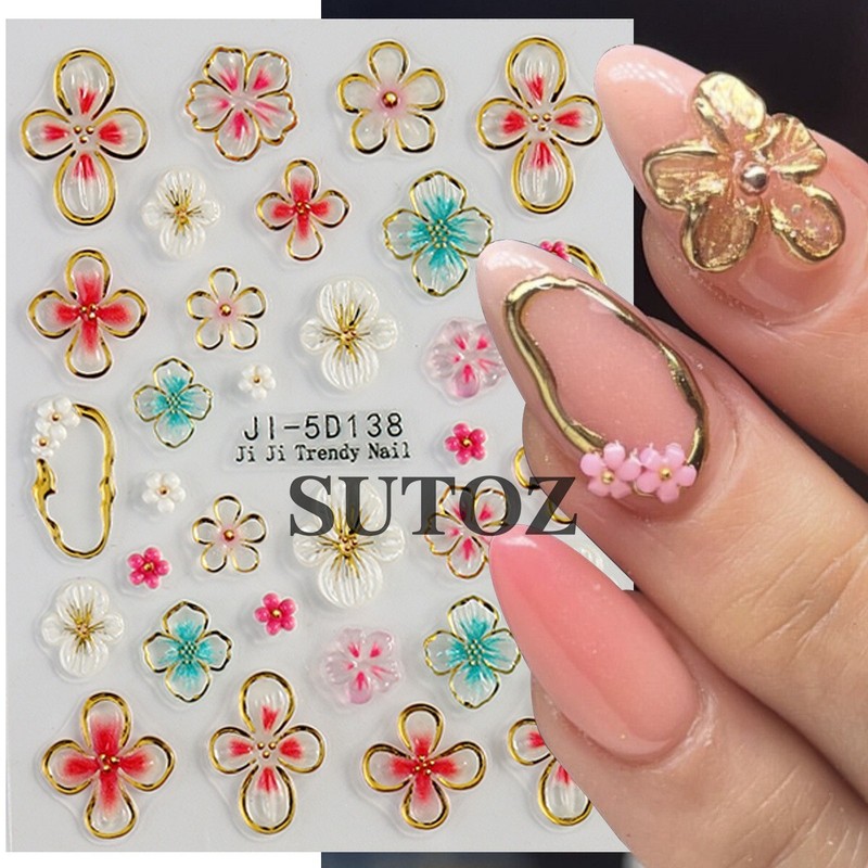 3D Hawaiian Flower Embossed Lily Hibiscus Floral Nail Art Stickers Decor NH29 gallery