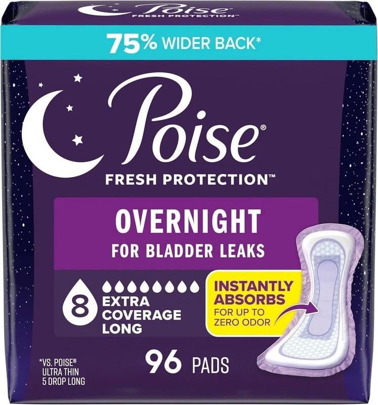 Poise Overnight Incontinence & Postpartum Pads, 8 Drop Extra Coverage, 96 Count