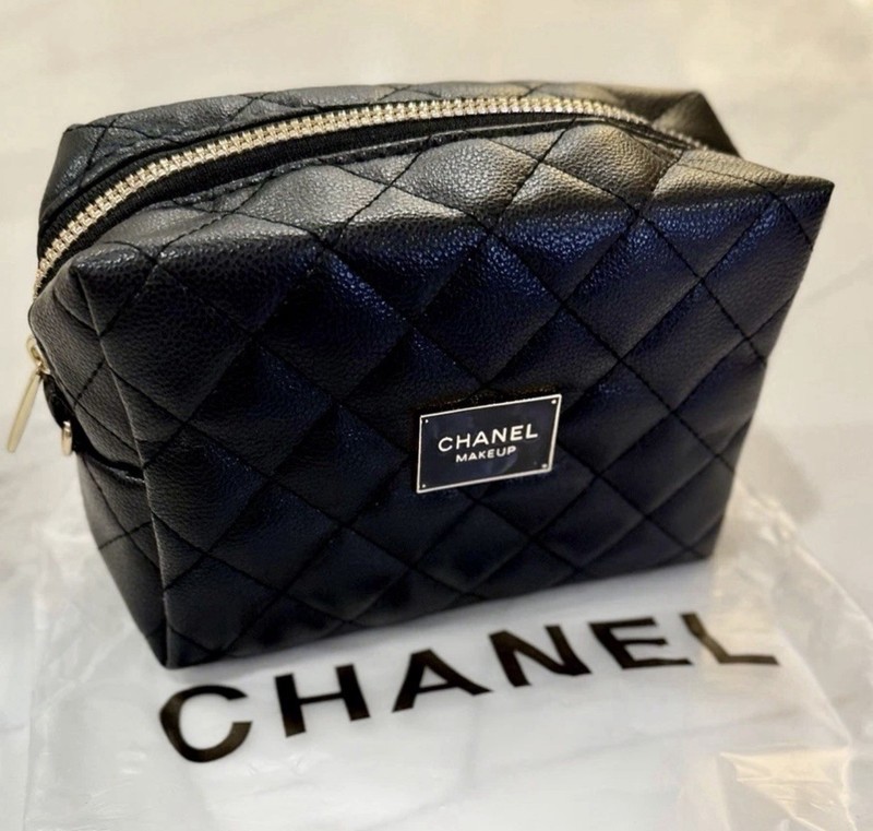 Chanel Quilted Makeup Bag Black Faux Leather Cosmetic Case