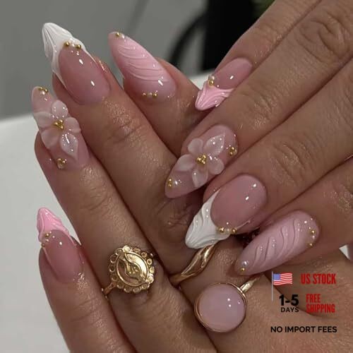 French Tip Press On Nails Medium Almond Fake Nails Nude Pink 3D almond-designs4