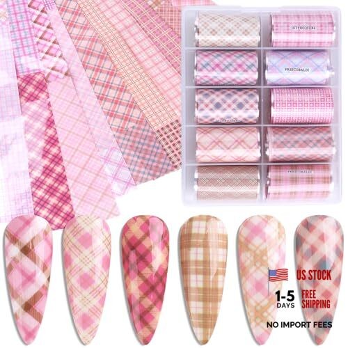 Nail Foil Transfer, 10 Rolls/Box Pink Nail Stickers Transfer Sheets Plaid