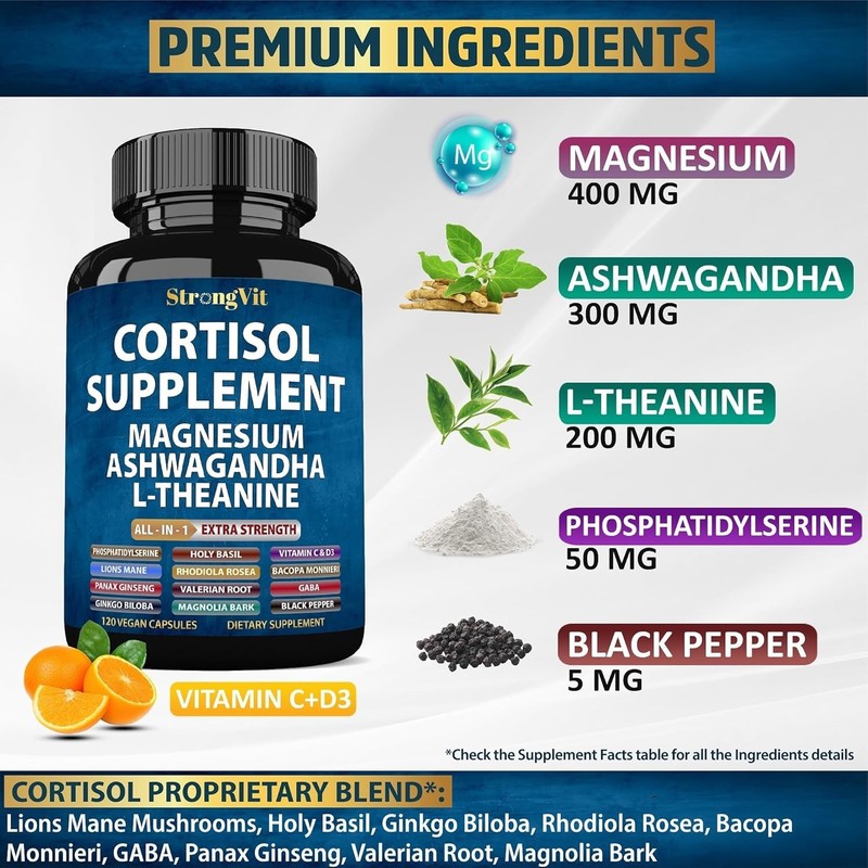 Extra Strength Cortisol Supplements with L-Theanine & Adaptogens - 120 Count gallery