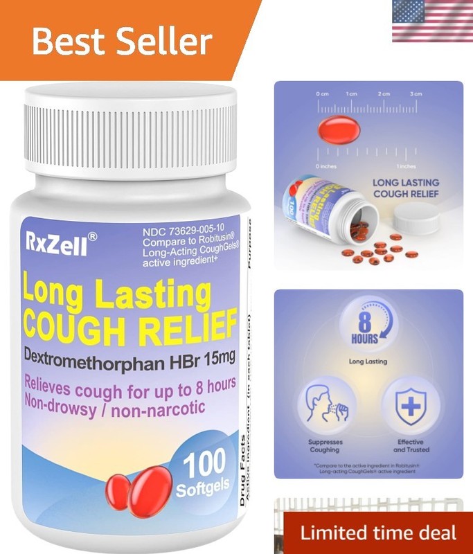 Adult Cough Relief, Dextromethorphan HBr 15mg 100 Softgels, 8 Hour Long Lasti…