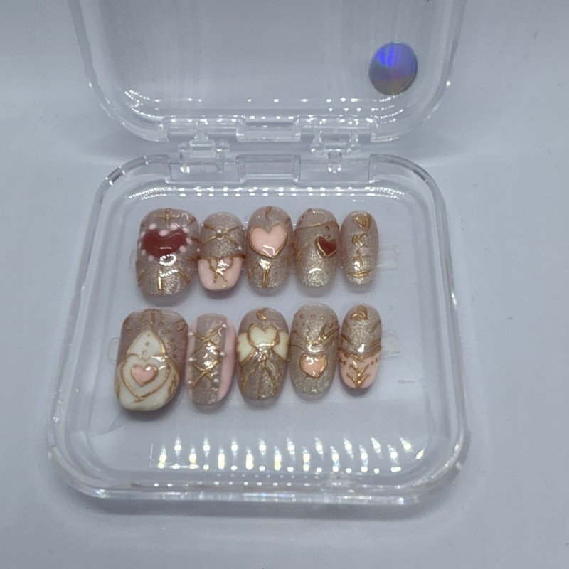 Press-On Nails Oval, Size Medium, Pink Beige Gold Metallic Heart, 2cm