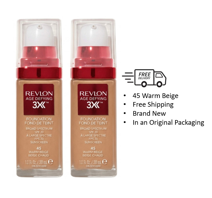 Revlon Age Defying 3X Liquid Foundation, #45 Warm Beige, 1 Fl oz, 2 PACK !