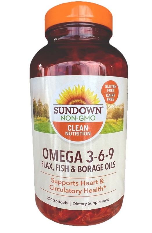 Sundown Triple OMEGA 3-6-9 Soft Gels Flax, Fish Borage Oil, 200 Count, Exp 07/26