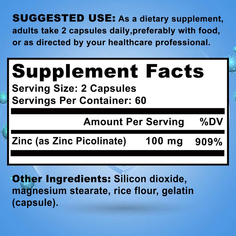 Zinc Picolinate 100mg 120 Veg Capsules-Immune Support and Skin Health,Potency gallery
