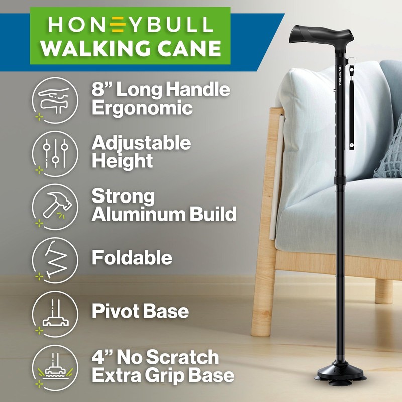 Black Pivot Walking Cane, Foldable, Adjustable, Collapsible, Free Standing gallery