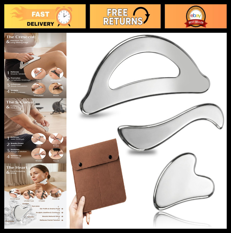 Stainless Steel Gua Sha & Muscle Scraper Tool Set for Deep Tissue Massage, 3-Pie