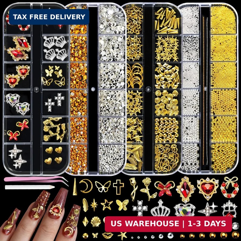 TsMADDTs Nail Charms and Gems Kit, 4 Boxes Gold Nail Charms, Gems, Flat Black Rh