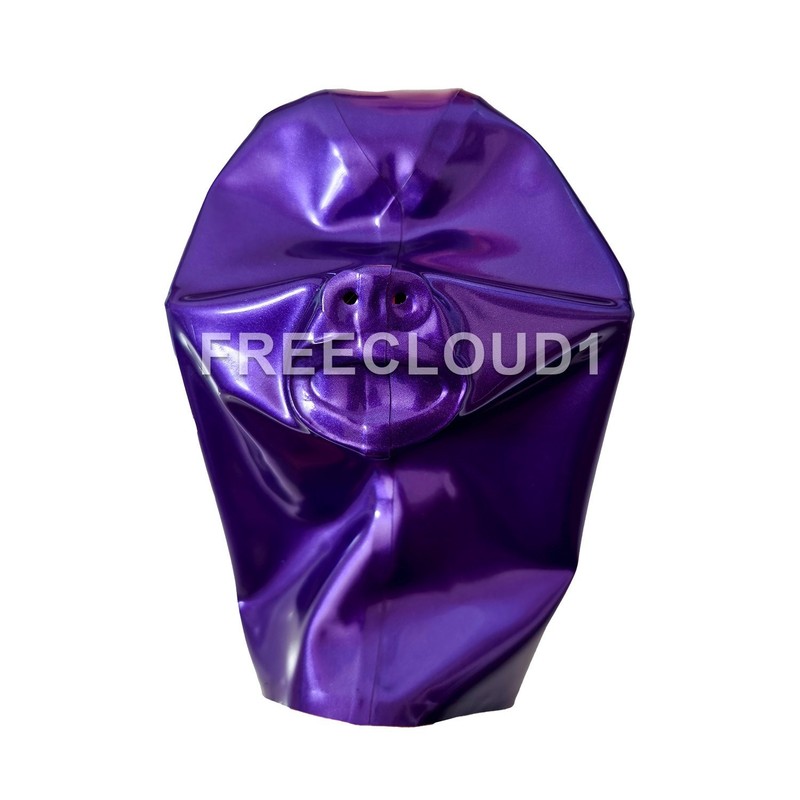 Purple Latex Hood with Teeth Gag Nose Tube Eyes Closed Rubber Mask Fetish 0.4mm