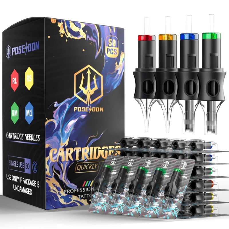 poseidon 50pcs tattoo cartridge needles assorted mixed size #12 round liner s…
