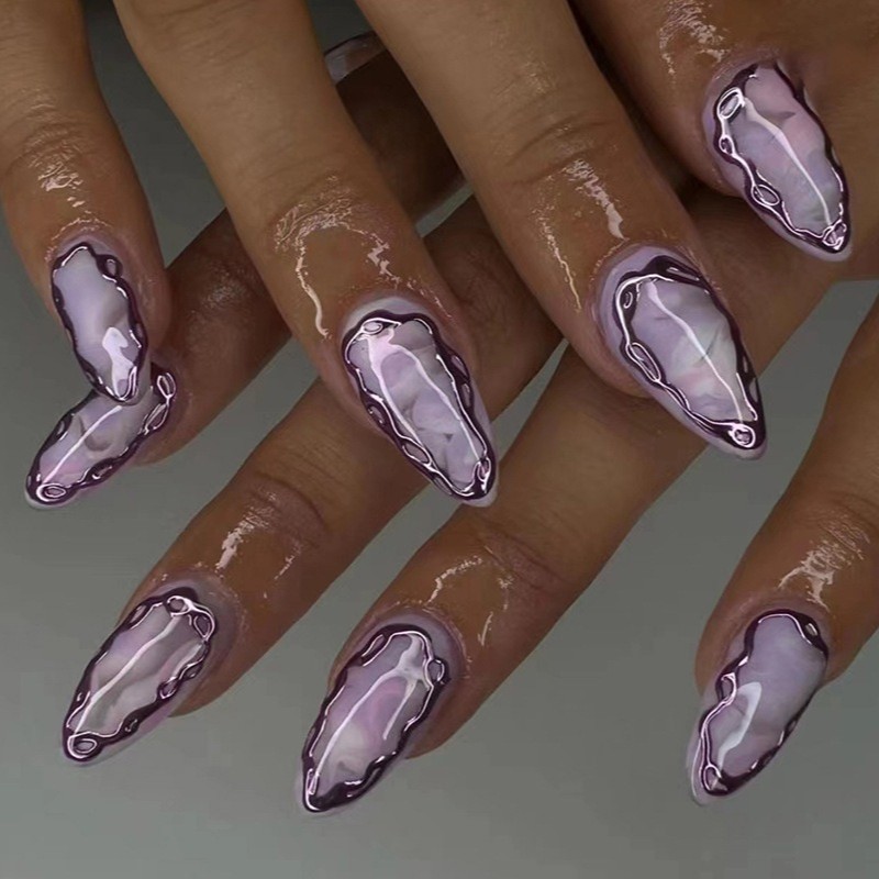 48Pcs-Purple Marble 3D Outline Almond Press on Nails Swirl Art Fake Tips