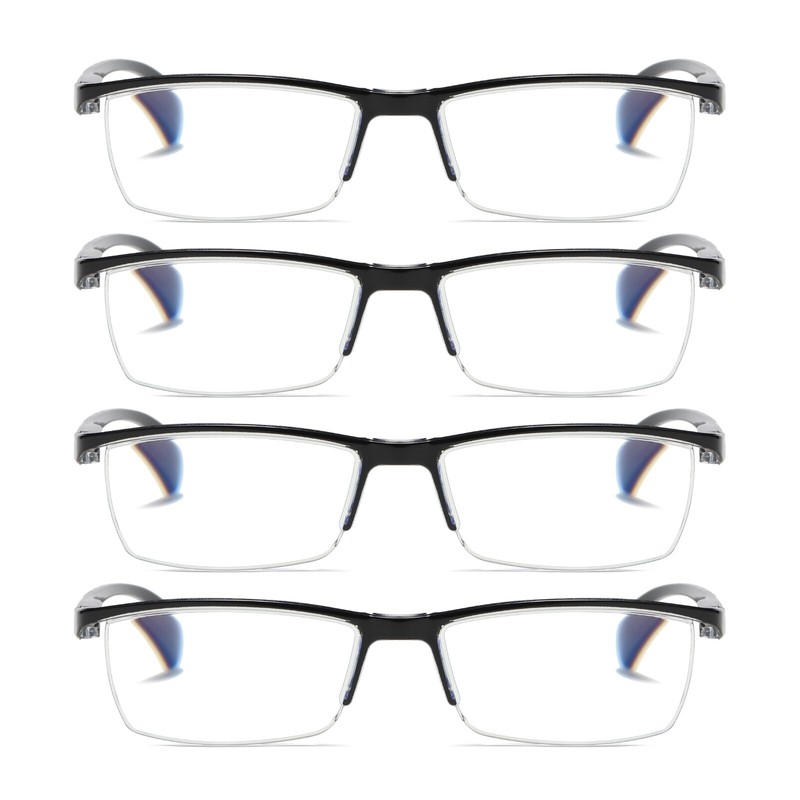 4 PK Mens Half Frame Spring Hinge Reading Glasses Blue Light Blocking Readers
