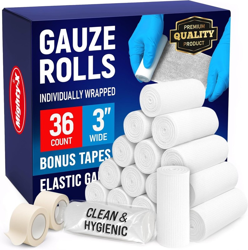 36 Gauze Rolls 3″ x 4.1yd Latex Free Bandages w/ Bonus Tape