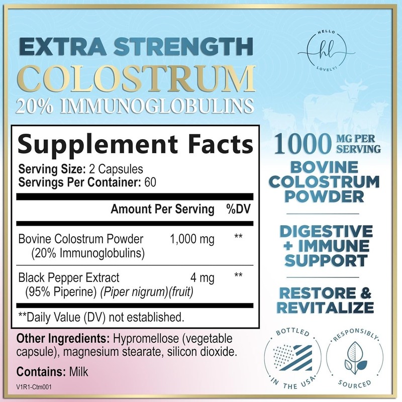 Hello Lovely Bovine Colostrum Powder 1000mg IgG Immune Gut Health 120 Capsules gallery