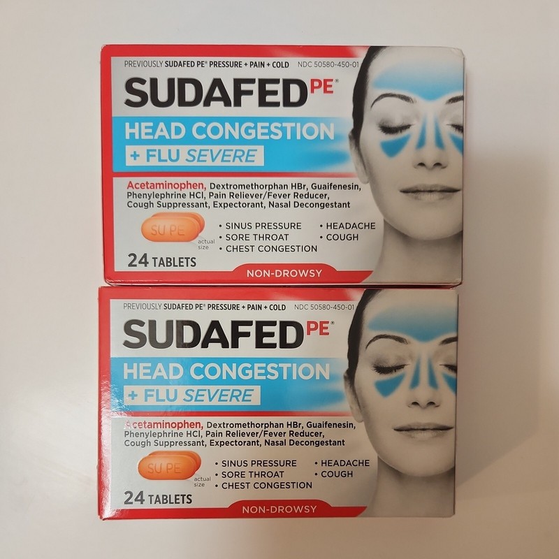 Sudafed PE Head Congestion + Flu Severe 24 Tablets x2 Exp 2025+