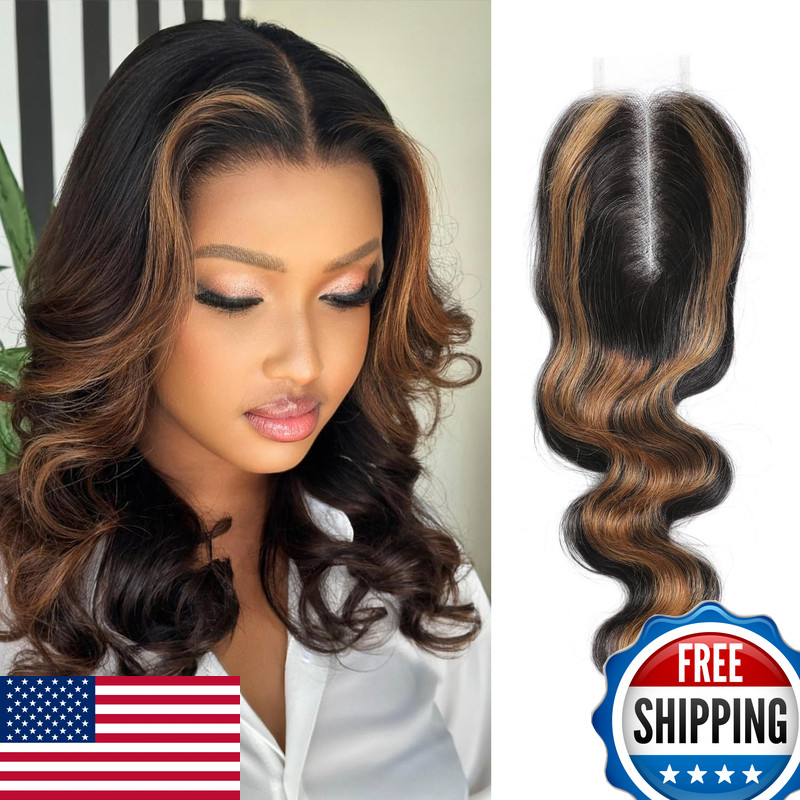 Momoshero F1B/30 Honey Brown Highlight 2X6 Kim K Closure Only Human Hair 16