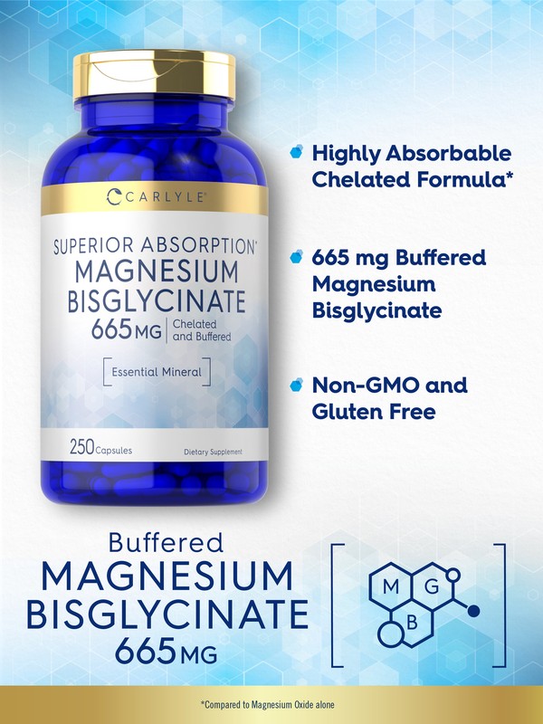Magnesium Bisglycinate 665mg | 250 Capsules | Buffered Supplement | by Carlyle gallery