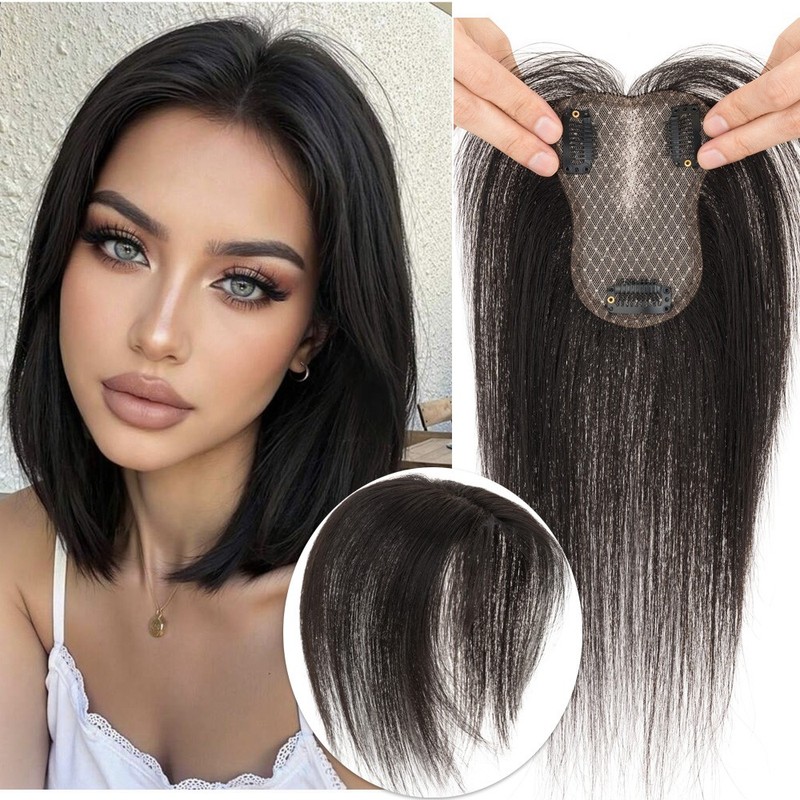 Clip in 100% Human Hair Topper with Curtain Bangs Hairpiece 9×12cm Full Lace US gallery
