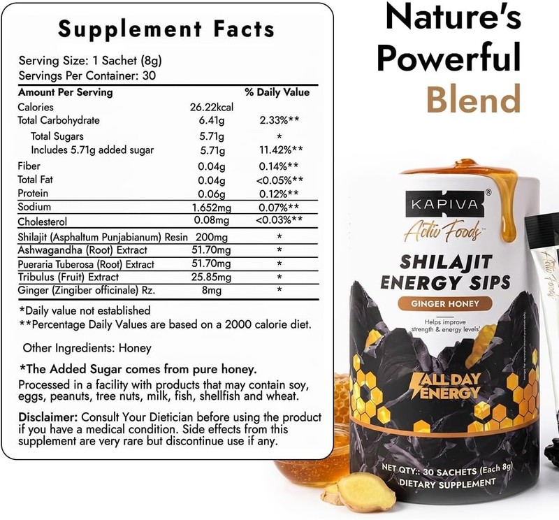 Shilajit Honey Sticks - 7500mg Pure Energy Boost, Ginger Honey Flavor, 30 Count gallery