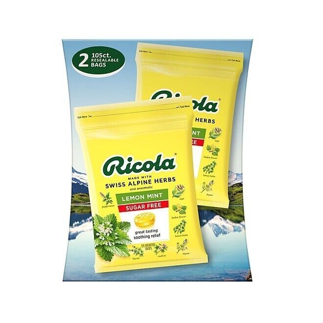 2 PK RICOLA Herb Throat Drops Lemon Mint Sugar Free 105 Drops/PK total 210 Drops gallery