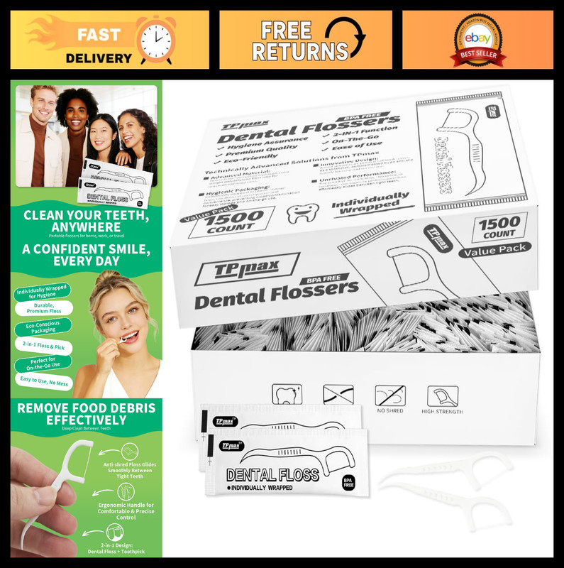 1500 Count Dental Flossers – Individually Wrapped Floss Picks for Travel, Office