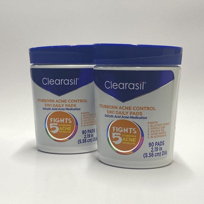 Clearasil Stubborn Acne Control 5in1 Daily Cleansing Pads, 90 ct. Each 2 Pack