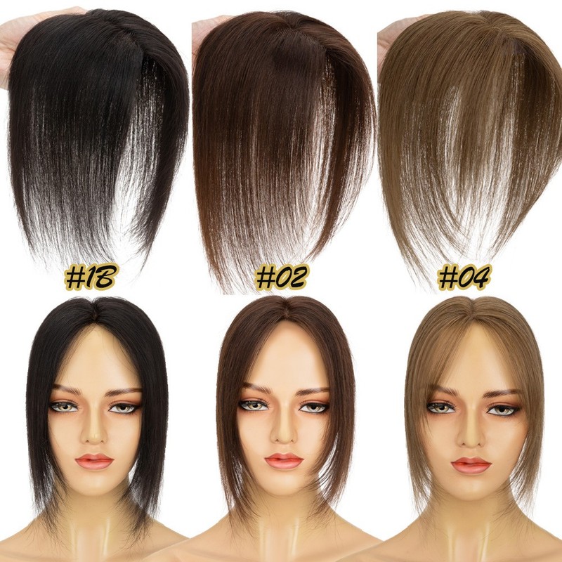 Clip in 100% Human Hair Topper with Curtain Bangs Hairpiece 9×12cm Full Lace US gallery