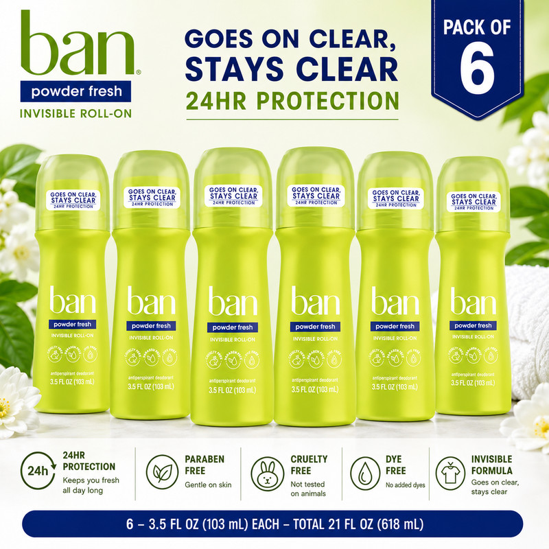 Ban Powder Fresh Invisible Roll-On Antiperspirant 3.5 Oz Pack of 6