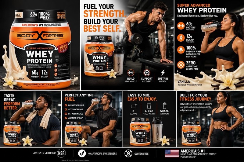 Body Fortress Super Advanced Whey Protein Powder Vanilla, Gluten-Free 1.76 lb