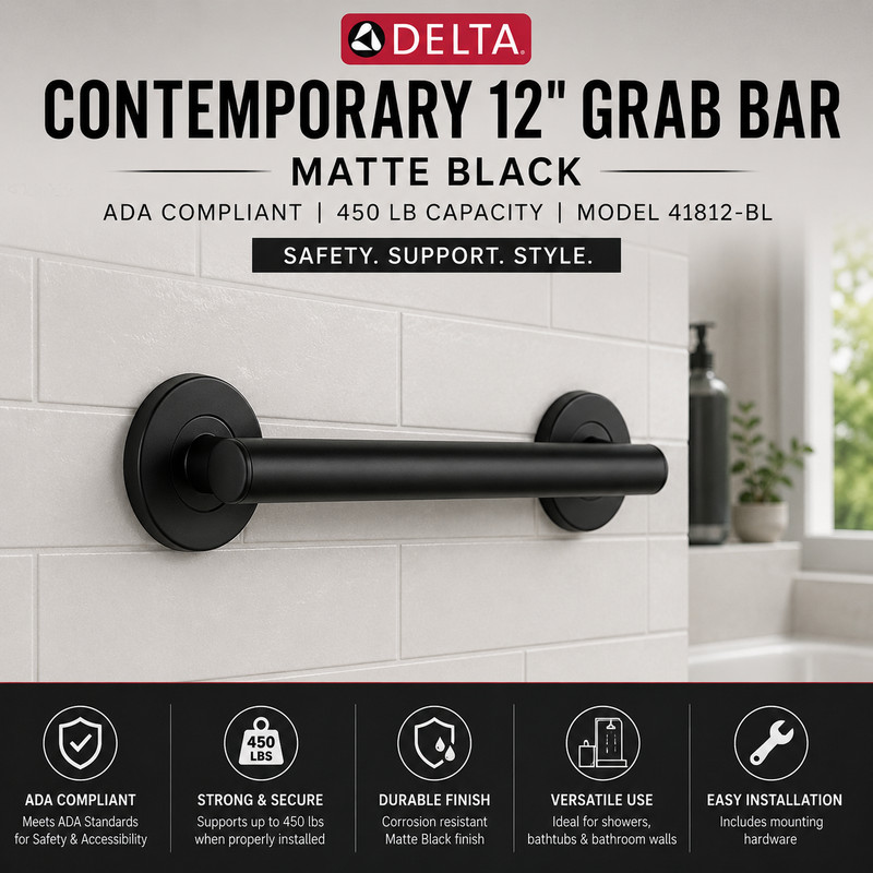 Delta Contemporary 12 in Straight Grab Bar Matte Black ADA 41812-BL