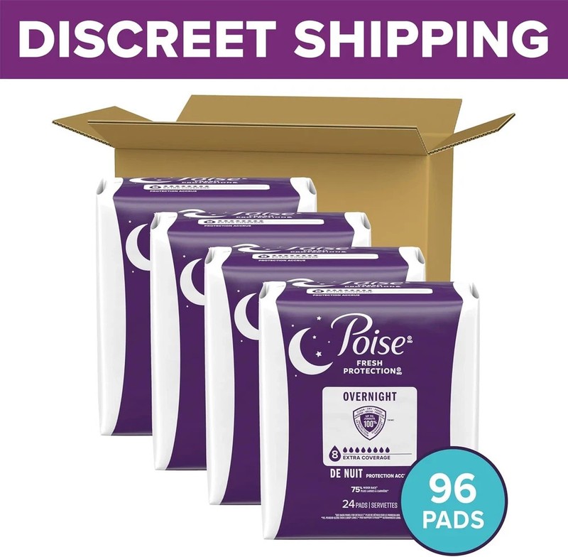 Poise Overnight Incontinence & Postpartum Pads, 8 Drop Extra Coverage, 96 Count gallery