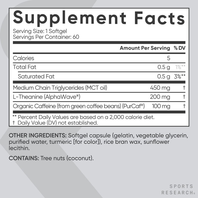 L-Theanine Supplement with Caffeine & Coconut MCT Oil - 60 Liquid Softgels gallery