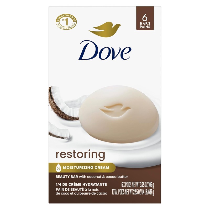 Dove Beauty Bar Soap Restoring Coconut & Cocoa Butter 6 Ct for Restored Skin