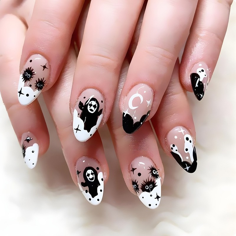24PCS Halloween Press-On Nails – Dust Bunny & Ghost Oval Design