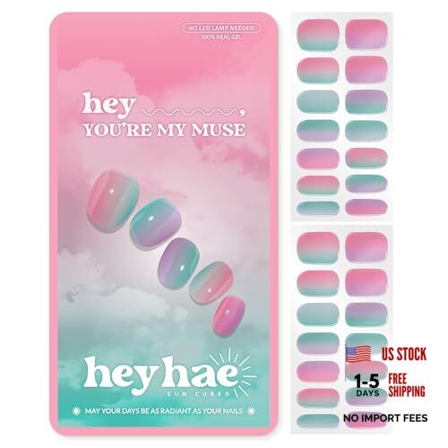 Semi Cured Gel Nail Strips | No LED Lamp Needed | Pink, Rainbow | Easy Apply