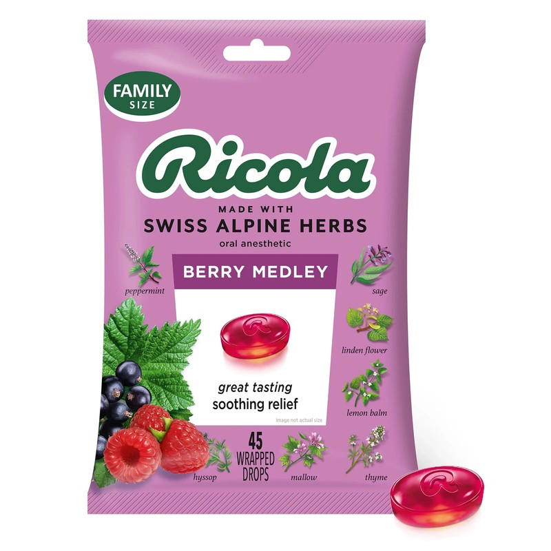 Ricola Berry Medley Soothing Throat Pain Relief Drops, Oral Anesthetic, 45 Count