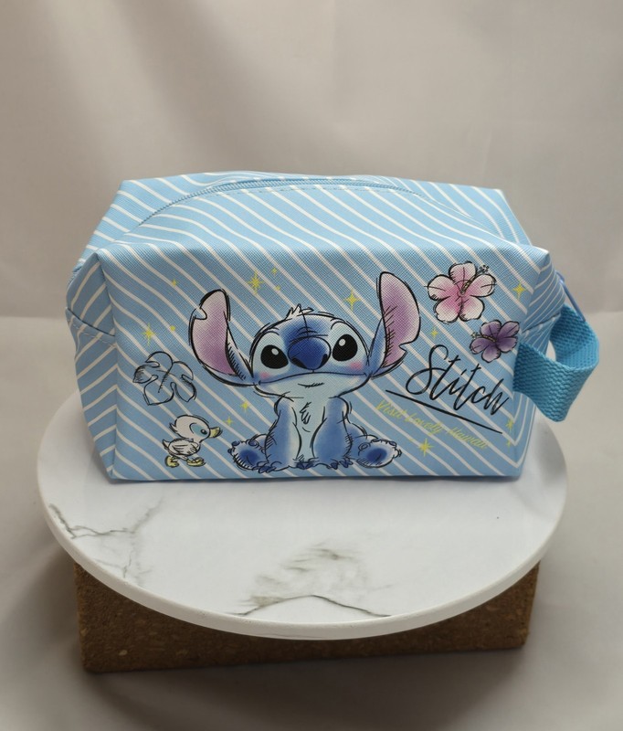 Disney Stitch Cosmetic Bag Blue Striped Toiletry Makeup Pouch Zip Travel Case